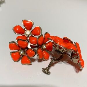 Vintage Orange Flower Screw Back Earrings Rhinestone Centers 1950s